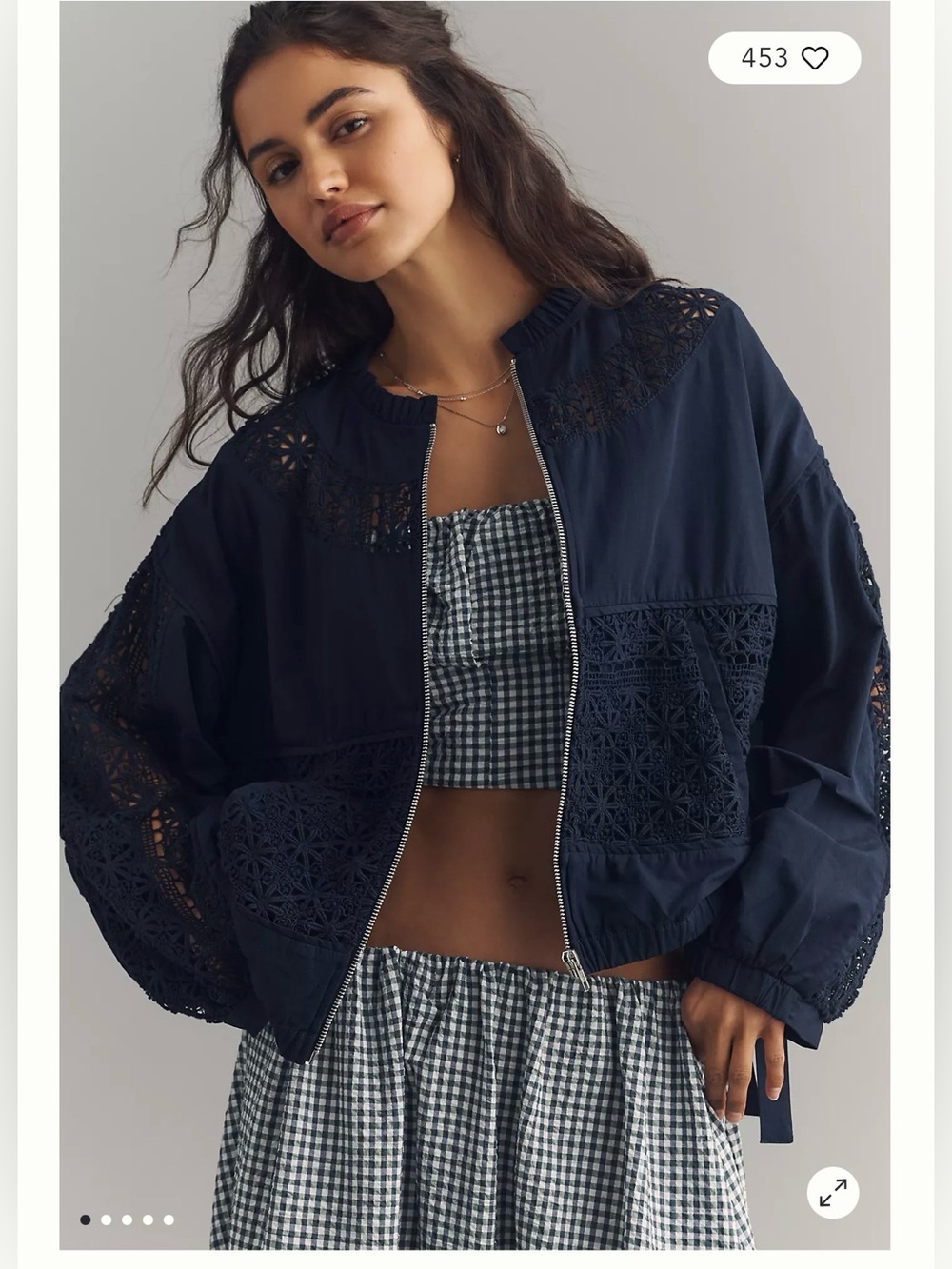Anthropologie Navy Blue Lace Panel Bomber Jacket M